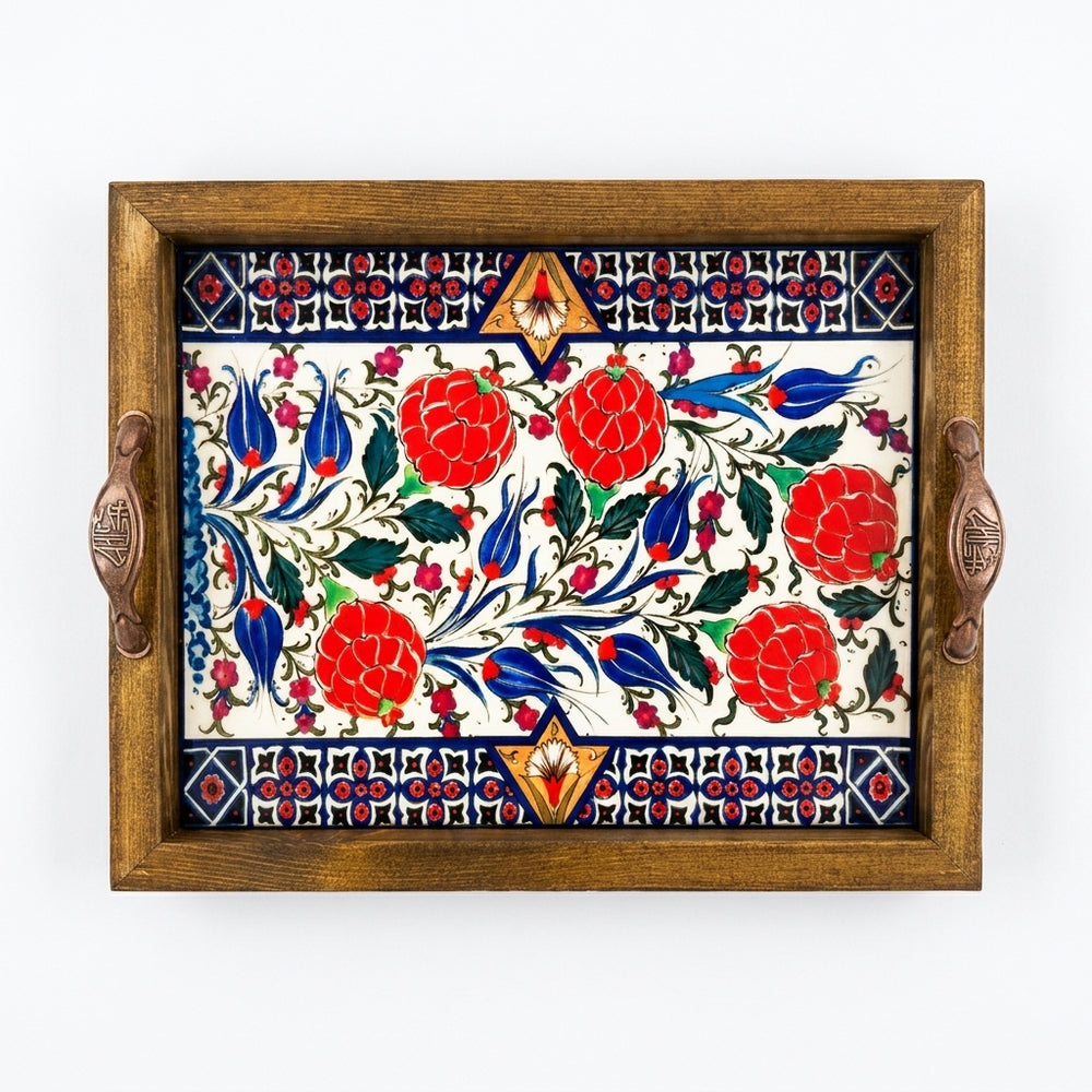 20x25 Cm Geleneksel Çini Desenli Kulplu Ahşap Sunum Tepsisi