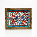 20x25 cm Kuş ve Lale Desenli Ahşap Kulplu Dekoratif Tepsi