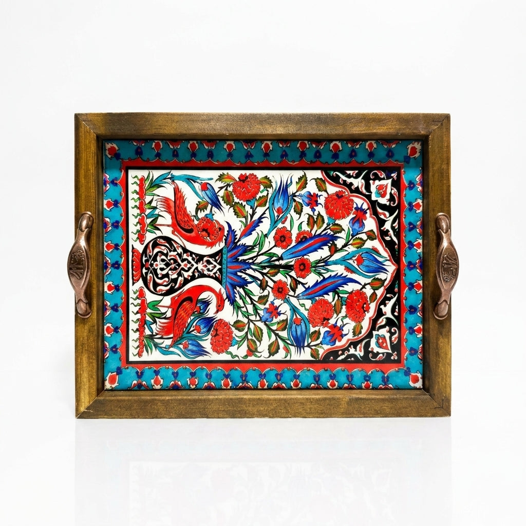 20x25 cm Kuş ve Lale Desenli Ahşap Kulplu Dekoratif Tepsi