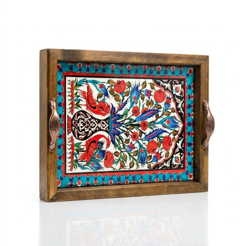 20x25 cm Kuş ve Lale Desenli Ahşap Kulplu Dekoratif Tepsi