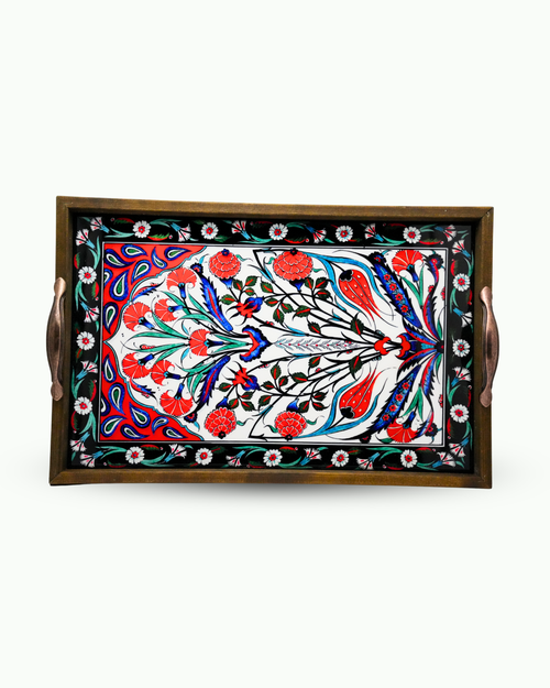 25X40 Kırmızı Çiçekli Çini Tepsi