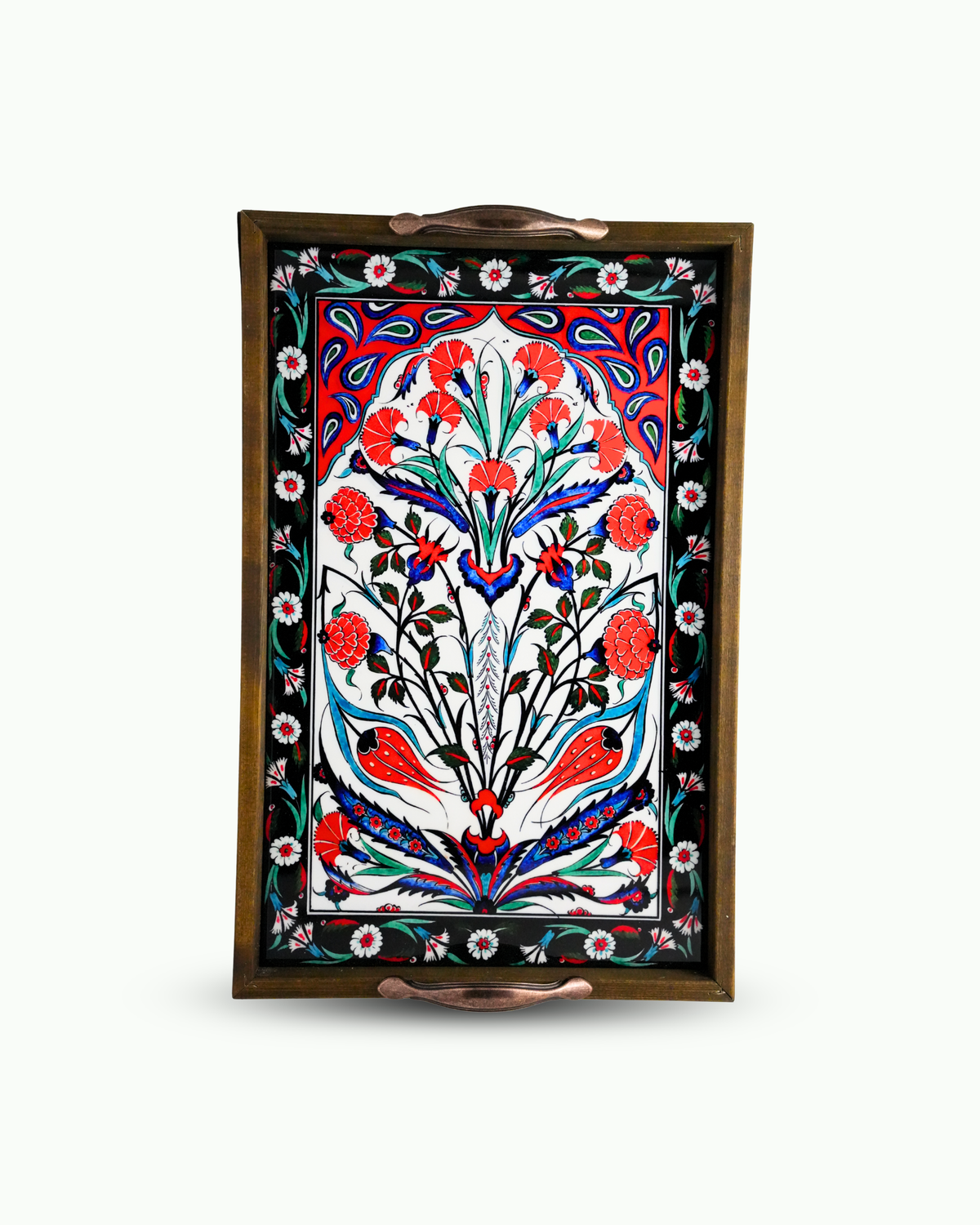 25X40 Kırmızı Çiçekli Çini Tepsi