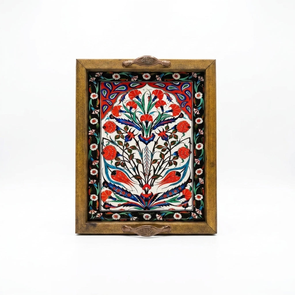 25x20 cm Çiçek Desenli Ahşap Kulplu Dekoratif Tepsi