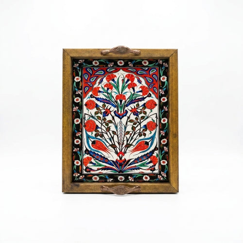 25x20 cm Çiçek Desenli Ahşap Kulplu Dekoratif Tepsi