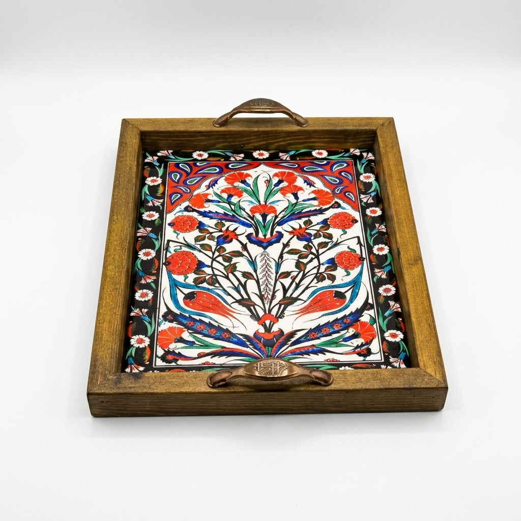 25x20 cm Çiçek Desenli Ahşap Kulplu Dekoratif Tepsi