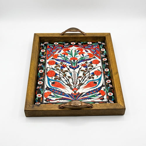 25x20 cm Çiçek Desenli Ahşap Kulplu Dekoratif Tepsi