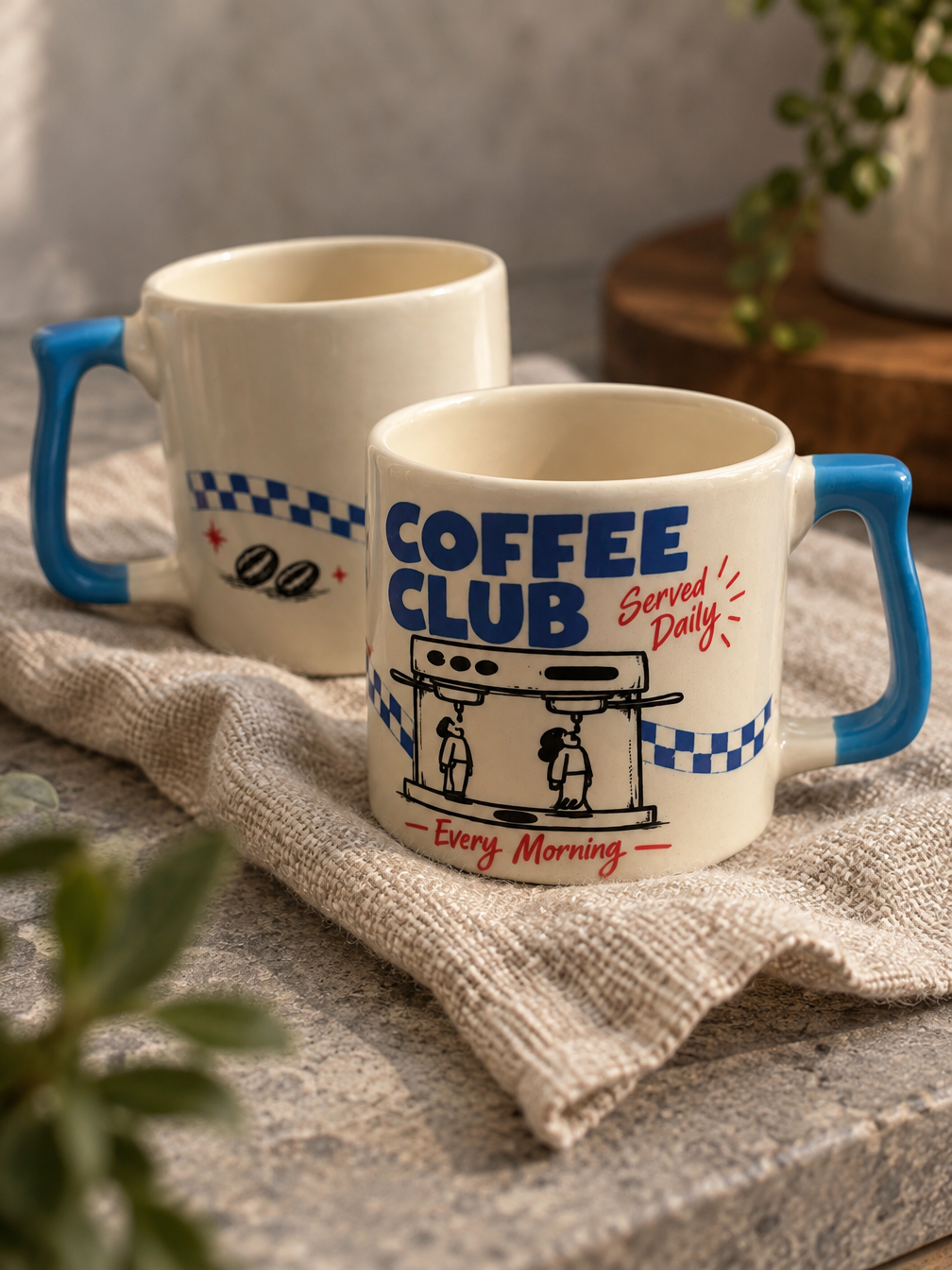 Coffee Club Retro Porselen Kupa – Mavi Kulplu | Porcelland