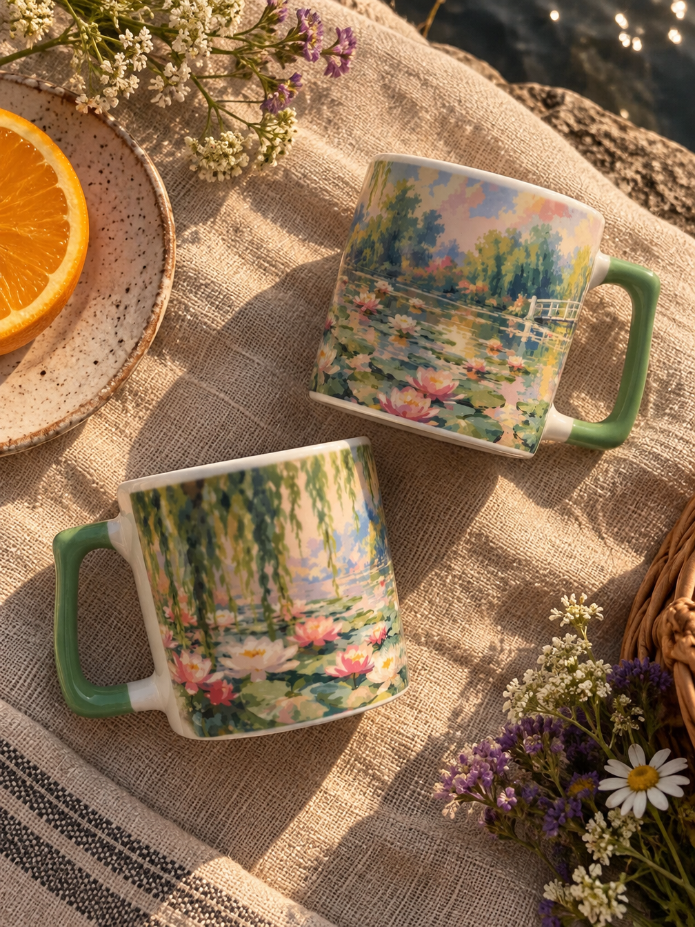 Nilüfer Desenli Seramik Kupa | Monet Esintili Kahve Kupası