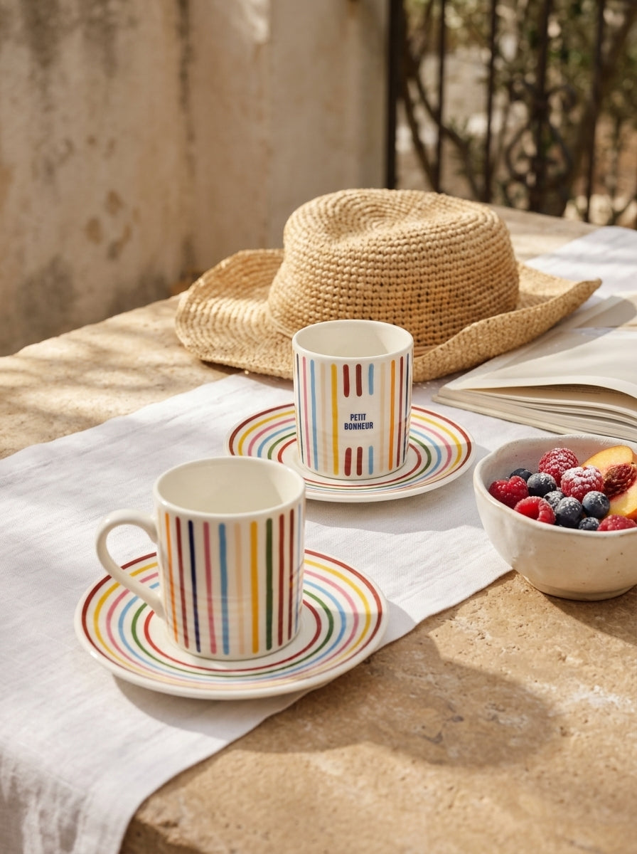 Porcelland | Bonheur Renkli Çizgili Premium 2'li Fincan Takımı
