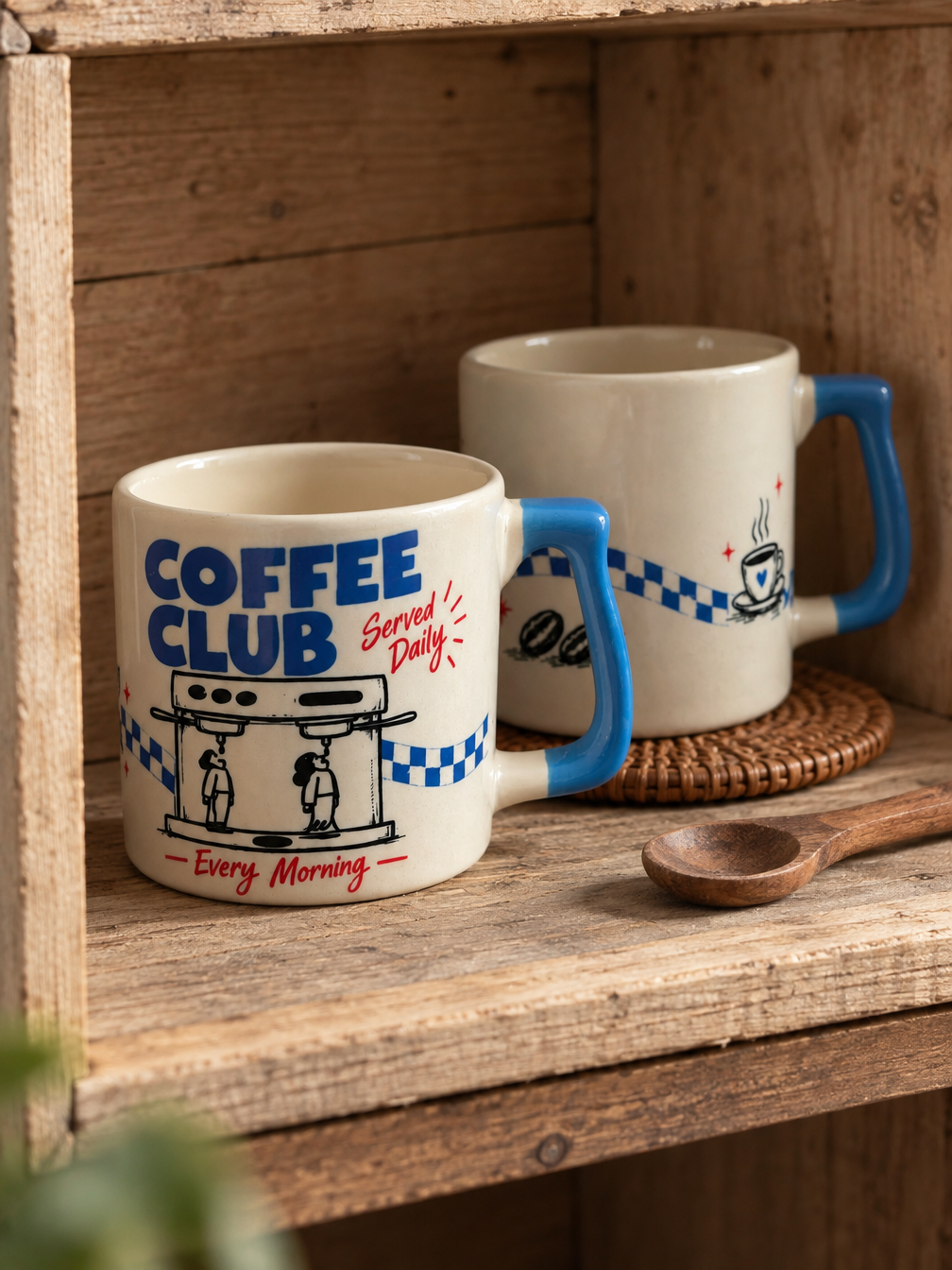 Coffee Club Retro Porselen Kupa – Mavi Kulplu | Porcelland