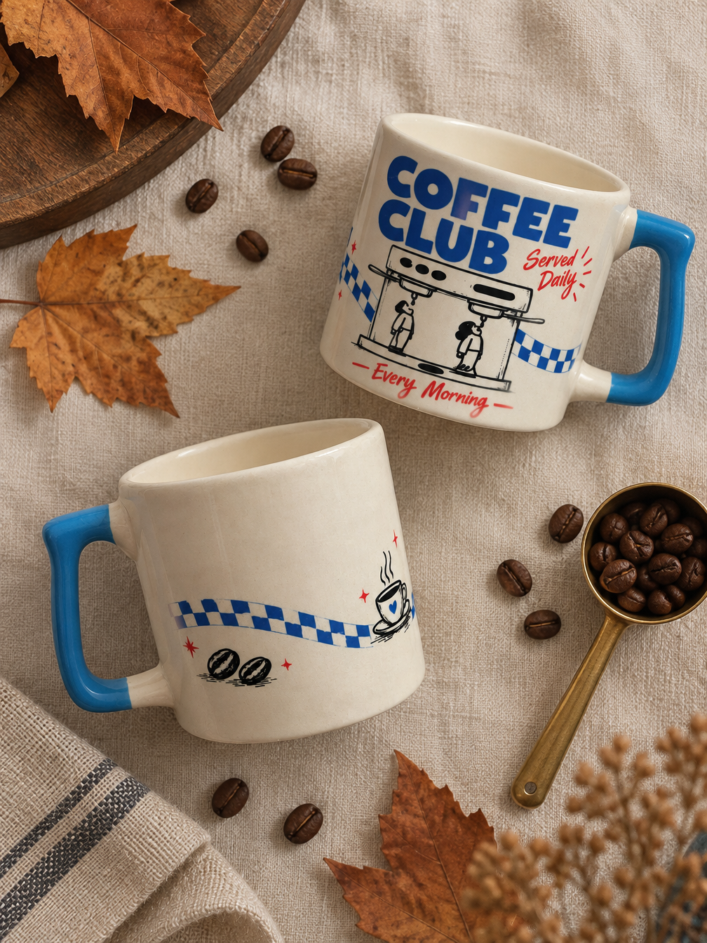 Coffee Club Retro Porselen Kupa – Mavi Kulplu | Porcelland