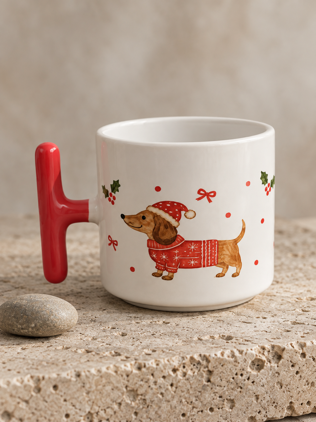 Noel Sosis Köpek Kupa | Yılbaşı Hediyesi Porselen Kupa