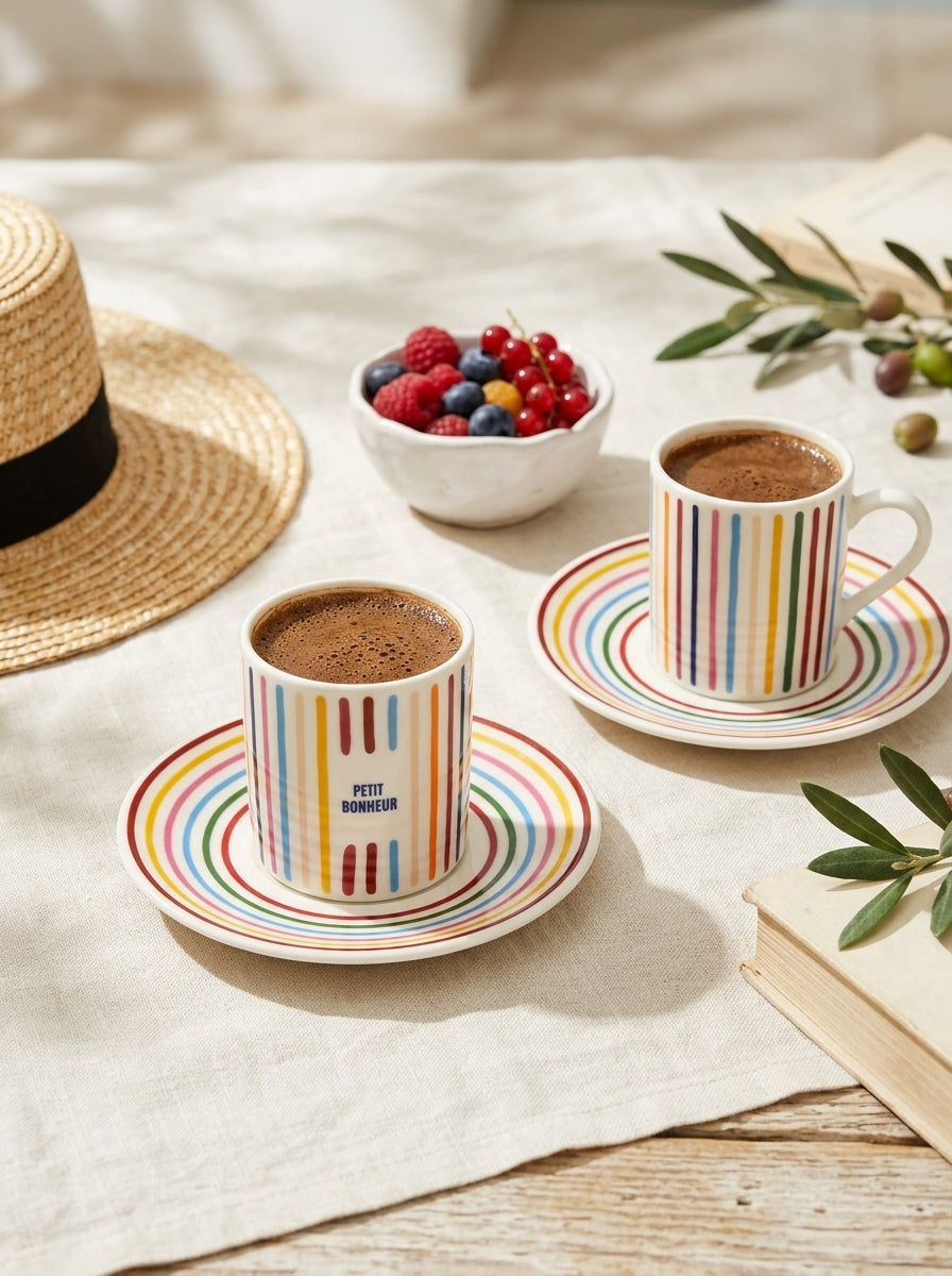 Porcelland | Bonheur Renkli Çizgili Premium 2'li Fincan Takımı