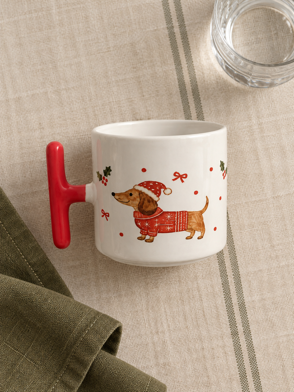 Noel Sosis Köpek Kupa | Yılbaşı Hediyesi Porselen Kupa