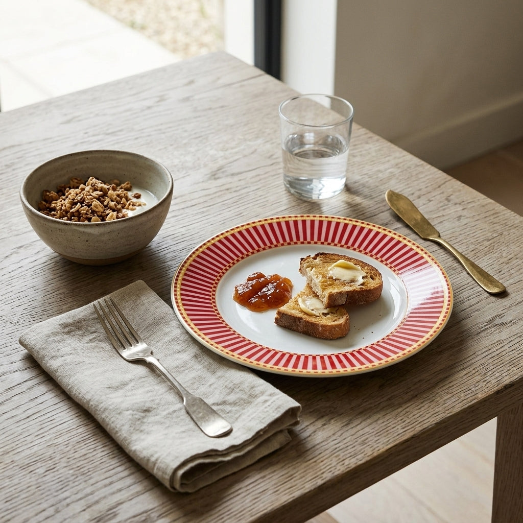 Lune Kırmızı, Pembe ve Gold Detaylı 21 cm Pasta Tabağı | 4’lü Porselen Tatlı Tabağı Seti