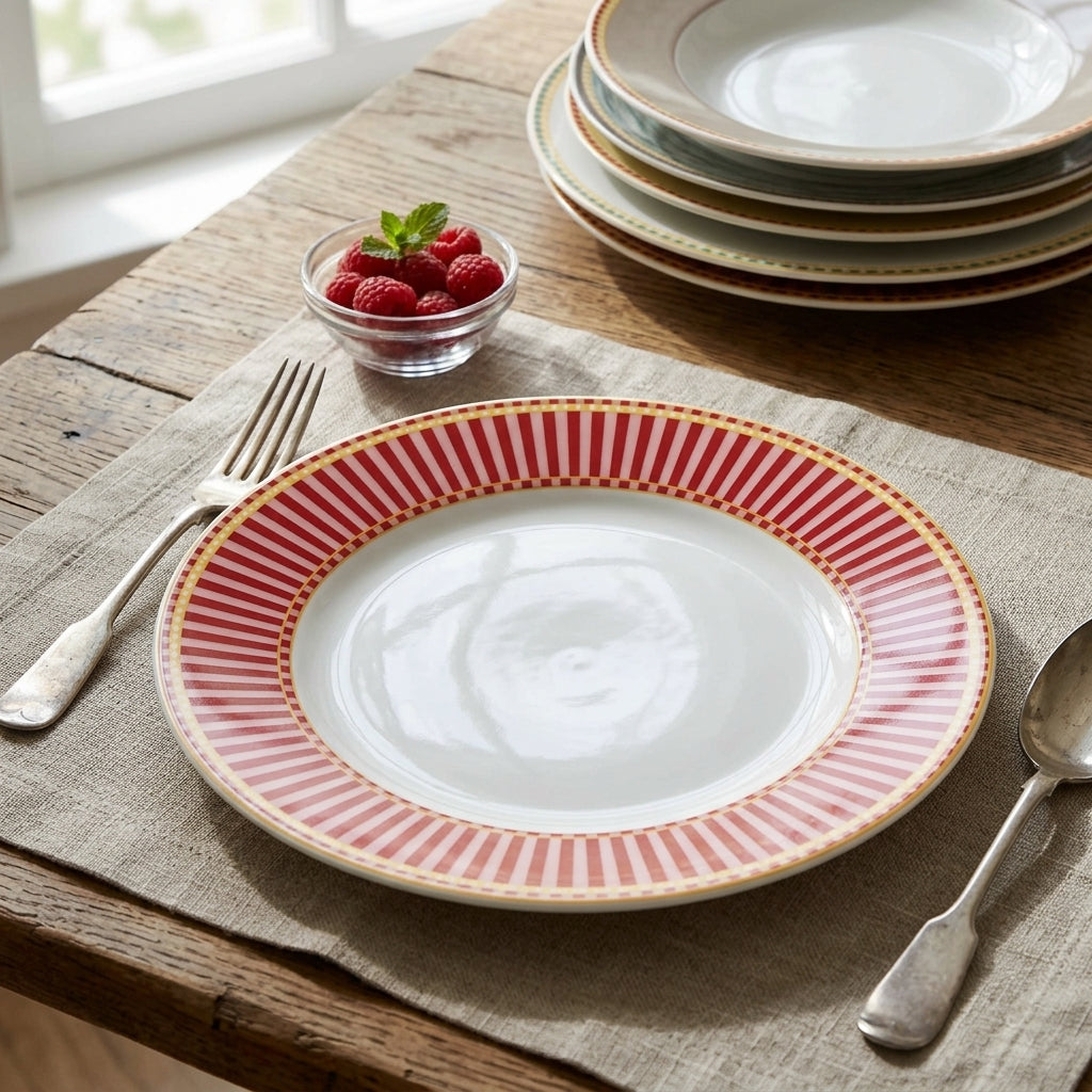 Lune Kırmızı, Pembe ve Gold Detaylı 21 cm Pasta Tabağı | 4’lü Porselen Tatlı Tabağı Seti