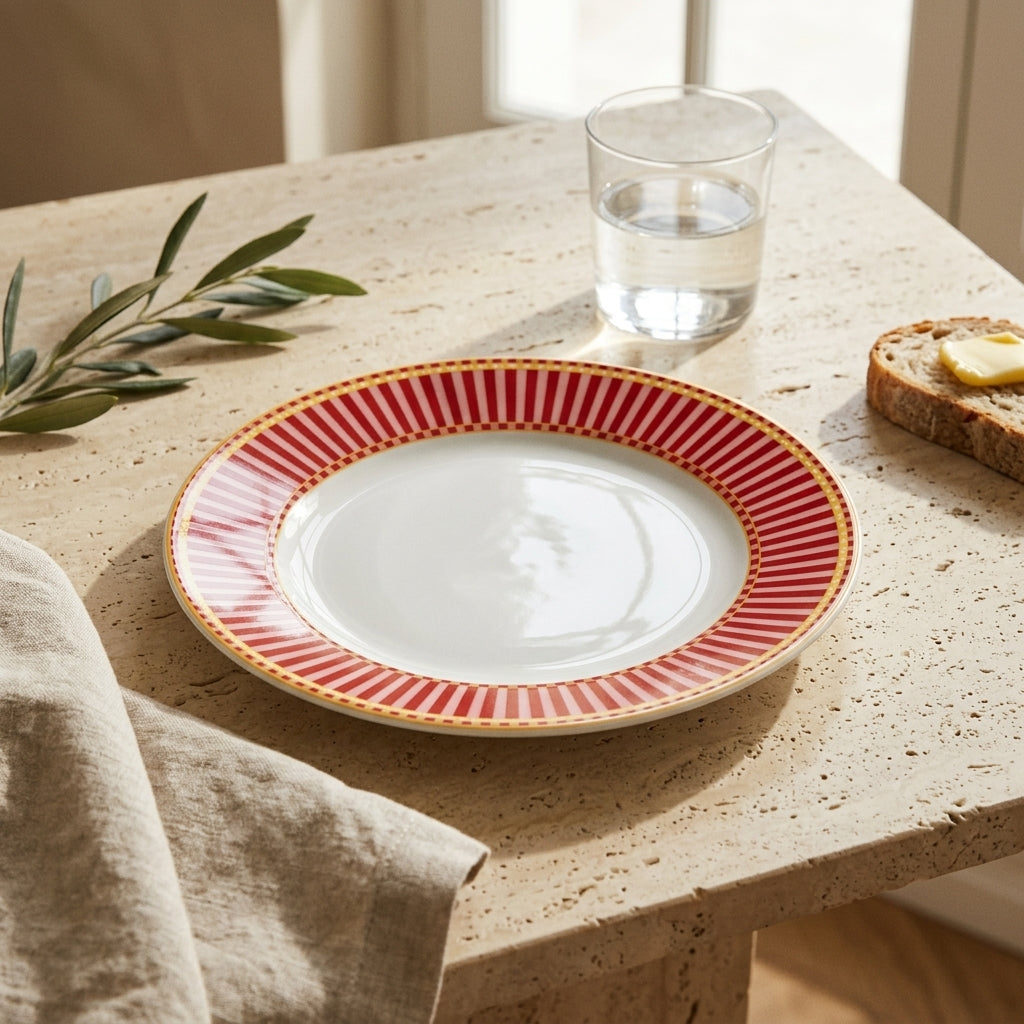 Lune Kırmızı, Pembe ve Gold Detaylı 21 cm Pasta Tabağı | 4’lü Porselen Tatlı Tabağı Seti