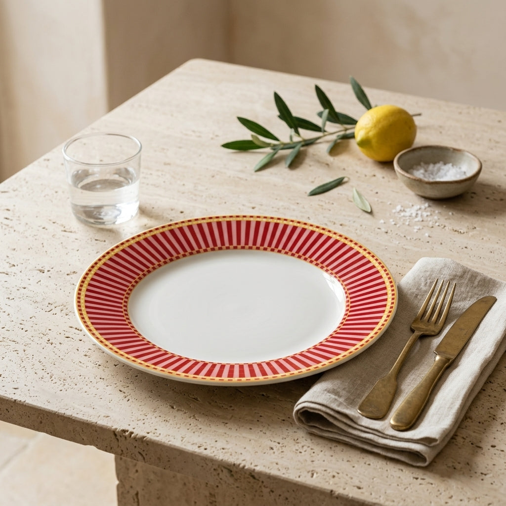 Lune Kırmızı, Pembe ve Gold Detaylı 21 cm Pasta Tabağı | 4’lü Porselen Tatlı Tabağı Seti