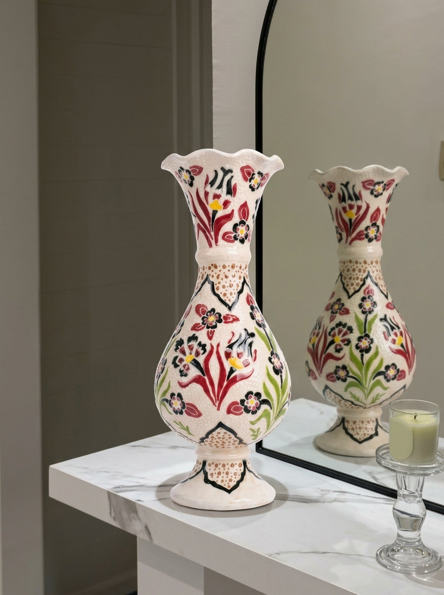 30 cm Çiçek Motifli Çini Desenli Seramik Vazo