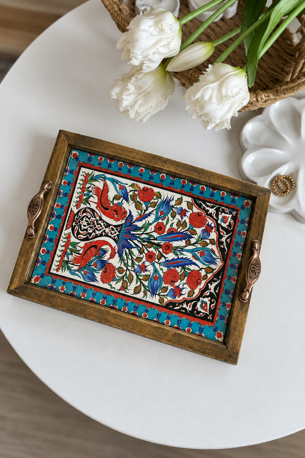 20x25 Cm Kuş ve Lale Desenli Ahşap Kulplu Dekoratif Tepsi
