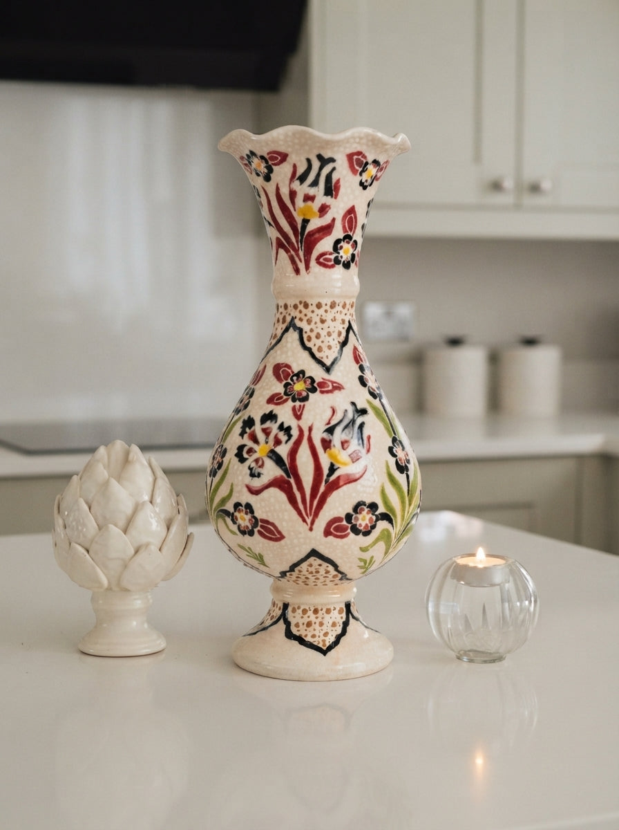 30 cm Çiçek Motifli Çini Desenli Seramik Vazo