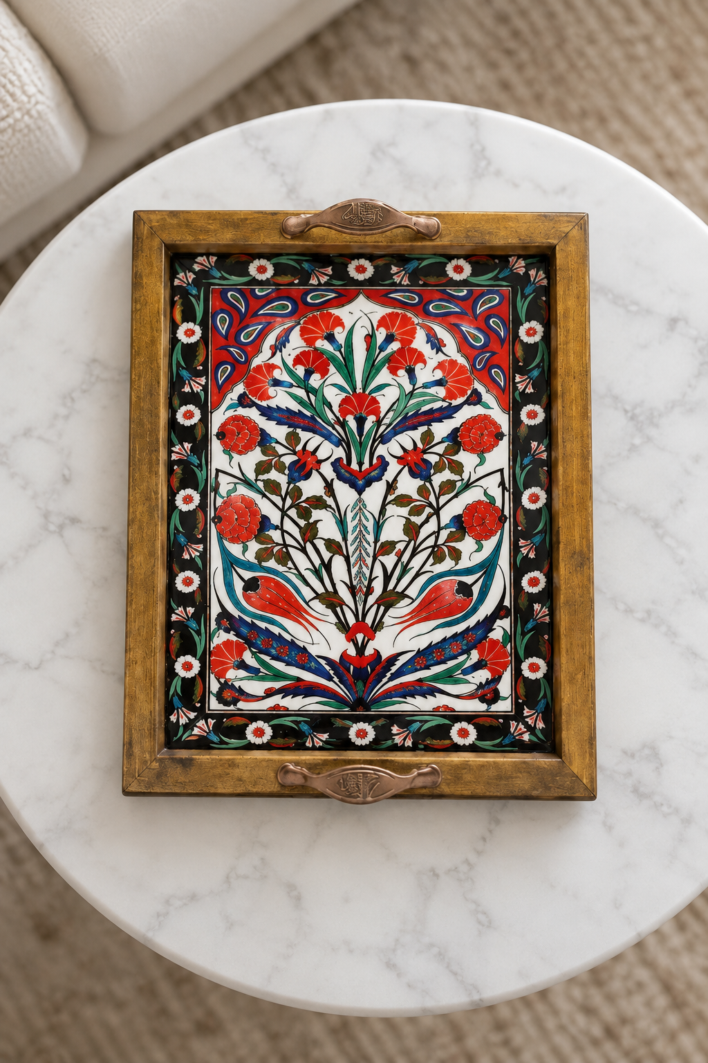 25x20 cm Çiçek Desenli Ahşap Kulplu Dekoratif Tepsi
