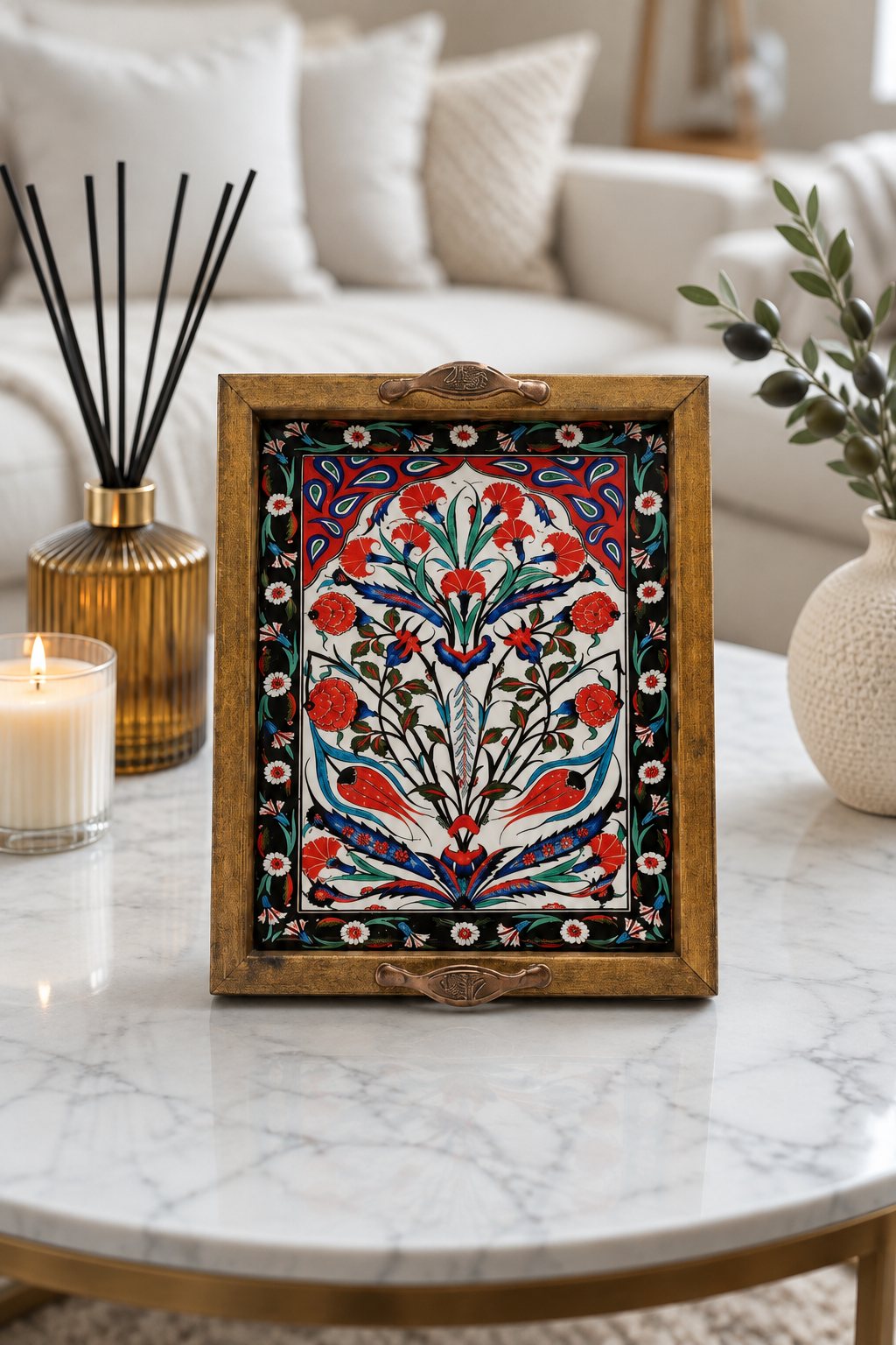 25x20 cm Çiçek Desenli Ahşap Kulplu Dekoratif Tepsi