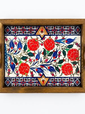 20x25 Cm Geleneksel Çini Desenli Kulplu Ahşap Sunum Tepsisi