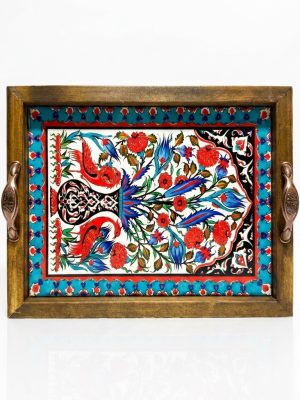 20x25 Cm Kuş ve Lale Desenli Ahşap Kulplu Dekoratif Tepsi