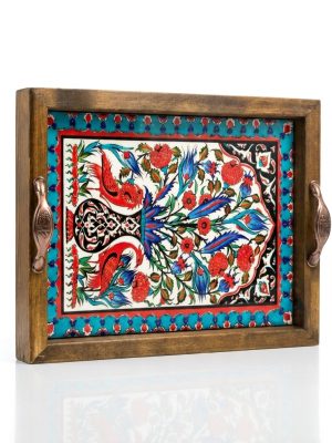Alternative view of 20x25 Cm Kuş ve Lale Desenli Ahşap Kulplu Dekoratif Tepsi