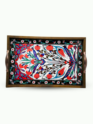 25X40 Kırmızı Çiçekli Çini Tepsi