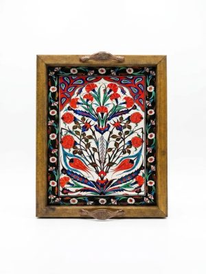 25x20 cm Çiçek Desenli Ahşap Kulplu Dekoratif Tepsi