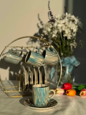 Çizgi Model Açık Mavi 6'lı Fincan Takımı