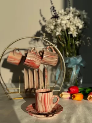 Çizgi Model Kırmızı 6'lı Kahve Fincanı