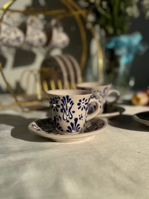 Dantel Model Beyaz - Mavi 6'lı Kahve Fincanı