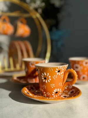 Papatya Desenli Turuncu 6'lı Fincan Takımı
