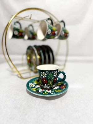 Petrol Yeşili Renkli Dantel Model 6'lı Fincan Takımı