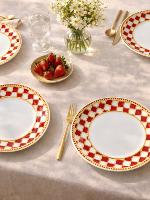 Nara Kırmızı Desenli 21 cm Pasta Tabağı | 4’lü Porselen Servis Tabağı Seti